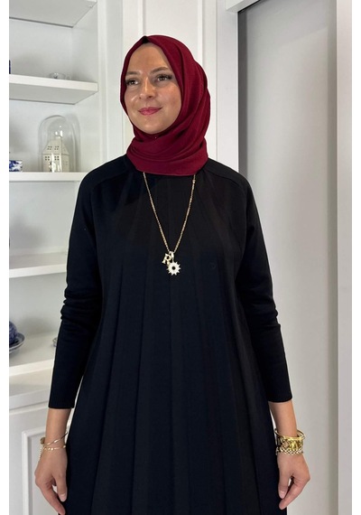 Rabia Şamlı Beyza Fitilli Triko Elbise Siyah Normal