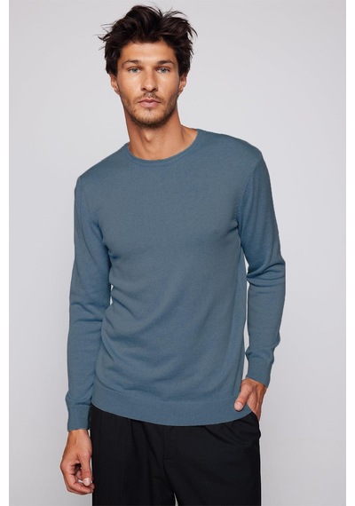 Tudors Erkek Slim Fit Dar Kesim Bisiklet Yaka İndigo Triko Kazak-32480 Indıgo İndigo