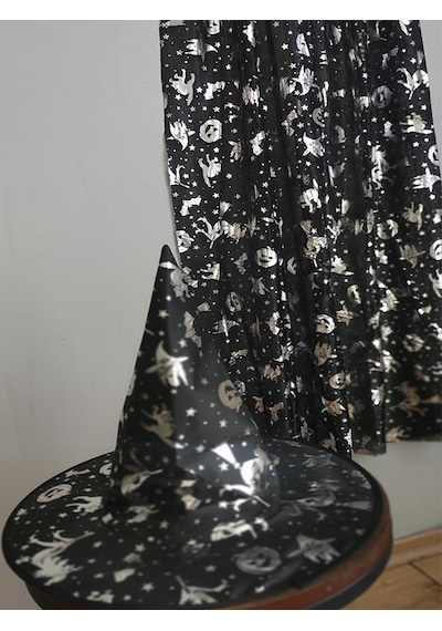 Halloween Cadılar Bayramı Gümüş Desenli Cadı Şapka Ve Pelerin Set