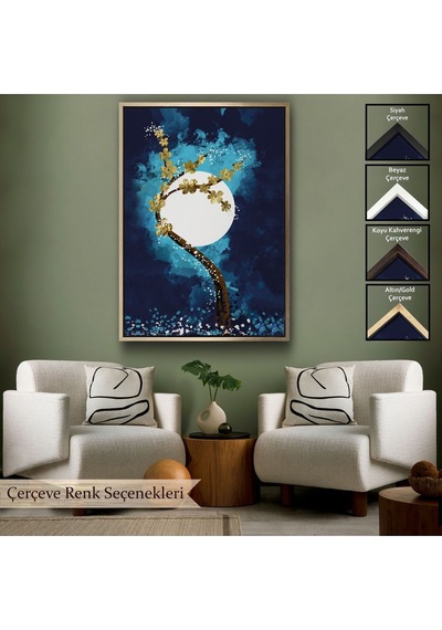 Çerçeveli Altın Çiçekli Ağaç Ve Ve Ay Kanva Tablo, Soyut Çağdaş Sanat Örneği-4971