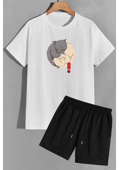 Uyguntarz Tasarım Şort T-shirt Eşofman Takımı Beyaz