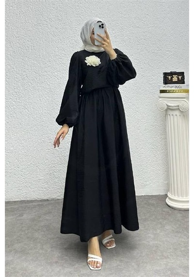Dip Moda Kadın Çiçek Detaylı Etekli Tesettür Takım Dpnms004 Siyah
