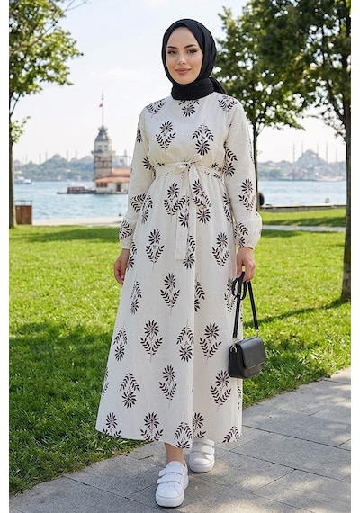Bestenur Mayra Desenli Keten Elbise 1717 - Siyah