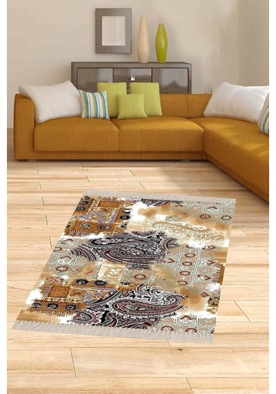 Pelangi Kırkyama Patchwork Şal Desenli Etnik Dijital Baskı Yıkanabilir Modern Salon Halı Ve Yolluk, Bej-kahverengi Çok Renkli