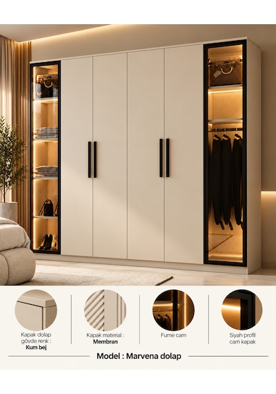 Free Home Marvena Kum Beji Mdf Gardırop Elbise Dolabı 240x218x57 Kumbeji