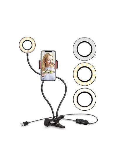 Thentech Led Işık Ve Telefon Tutuculu Hareket Ettirilebilir Masaya, Tezgaha Sabitlenebilir Yuvarlak Led Siyah
