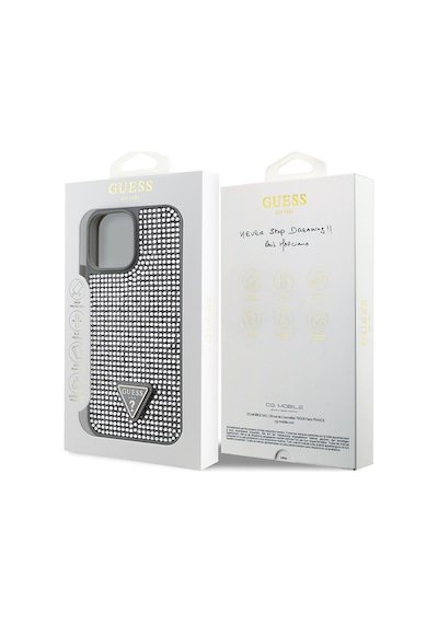 Apple iPhone 13 Pro Max Uyumlu Kılıf Guess  Lisanslı Taşlı Arka Yüzey Üçgen Logolu Kapak Gümüş