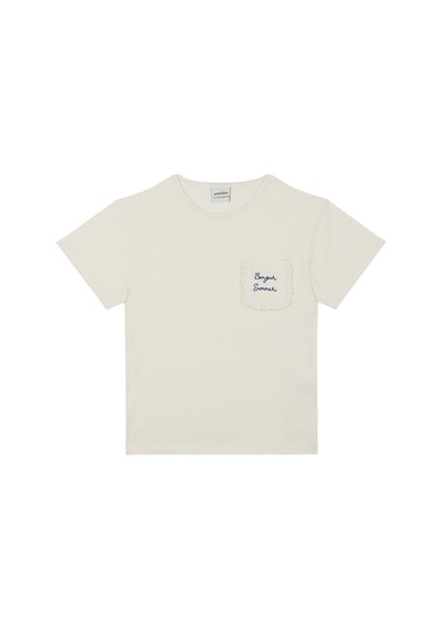 Antebies Pamuk, Sustainable, Krem Fırfırlı Cepli Nakışlı Kız Çocuk Tshirt Bej