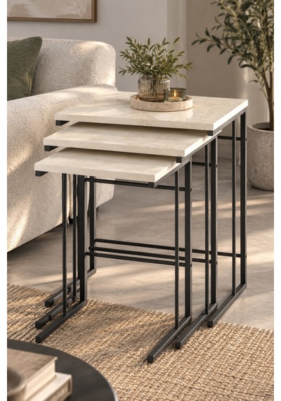 Sulorahome 3'lü Ekru Zigon Sehpa Seti Traverten Desenli Metal Ayaklı