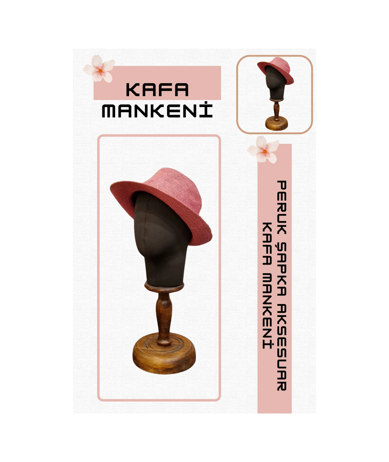 Kumaş Kaplı Kafa Mankeni Ahşap Standlı Şapka Peruk Aksesuar Sergileme Mağaza  Mankeni 02