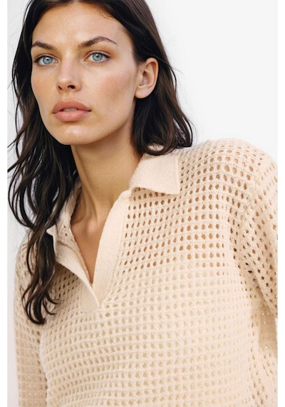 DeFacto 	Relax Fit Polo Yaka Basic Düz Ajur Triko Kazak E7025AX25SMER105 Ekru