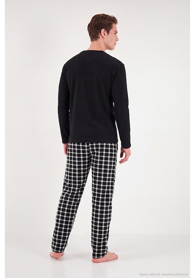 Buratti Kareli Düğmeli Hakim Yaka Yumuşak Dokulu Polar Pijama Takımı Erkek Pijama Takımı 6097023 Siyah