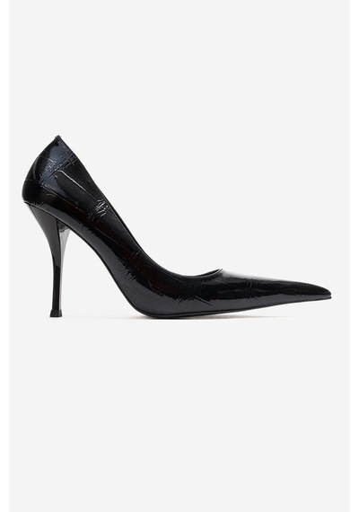 Luvishoes Luce Siyah Baskılı Sivri Burunlu Kadın Topuklu Ayakkabı Siyah