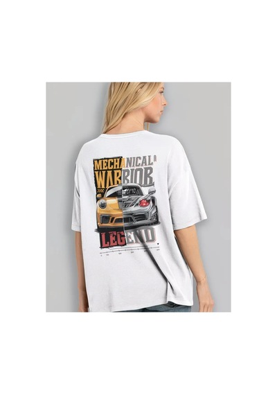 Panda Baskı Tekstil Mekanik Arabalar Baskılı Özel Tasarım Oversize Tshirt Beyaz