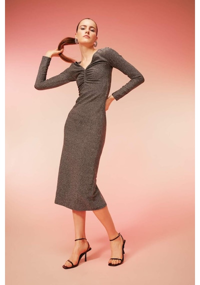 DeFacto Bodycon Basic Düz Vücudu Saran V Yaka Payetli Kumaş Midi Uzun Kollu Elbise B4699AX23WNGR452 Gri