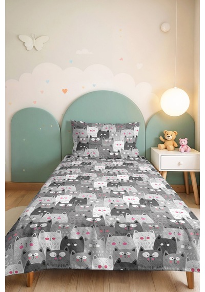 Gri Kedi Desenli Genç Odası Tek Kişilik Pike Takımı - Sevimli Pembe 160x220 Cm Kapitone Yatak Örtüsü Bulanık Saman Uyumu