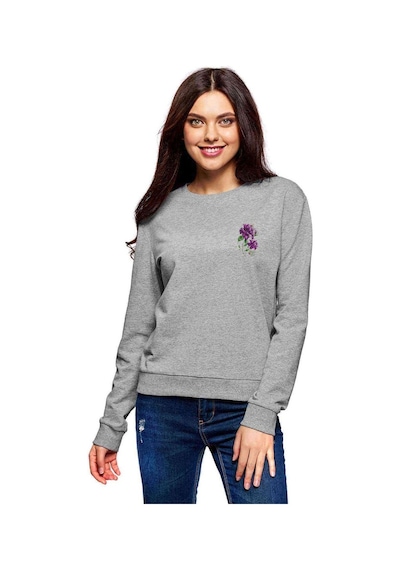 Mor Çiçek Baskılı Gri Kadın Sweatshirt