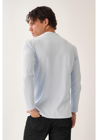 Patlı Yaka Uzun Kollu T-shirt Mavi