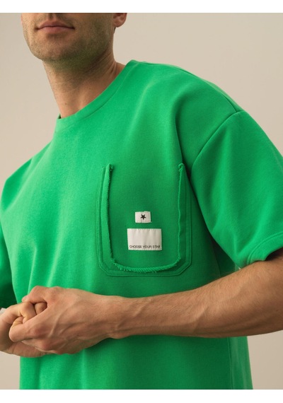Xint Yeşil Oversize Bisiklet Yaka Pamuklu Tişört 502051