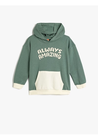 Koton Kapşonlu Sweatshirt Slogan Baskılı Kanguru Cepli Pamuklu Şardonlu Yeşil 5wmb10254tk Yeşil