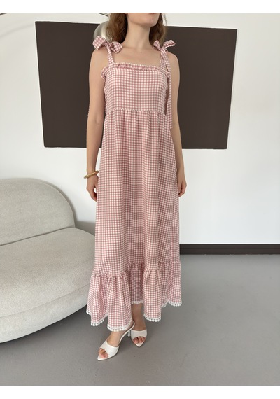 Verymoda Kadın Pötikare Desenli Askı Bağlama Detaylı Maxi Elbise D3108 Pudra