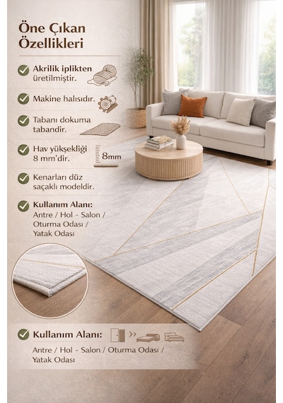 Modern Geometrik Halı Krem Gri Gold Çizgili Akrilik 8 Mm Hav Yüksekliği Salon Yatak Odası Antre Halı