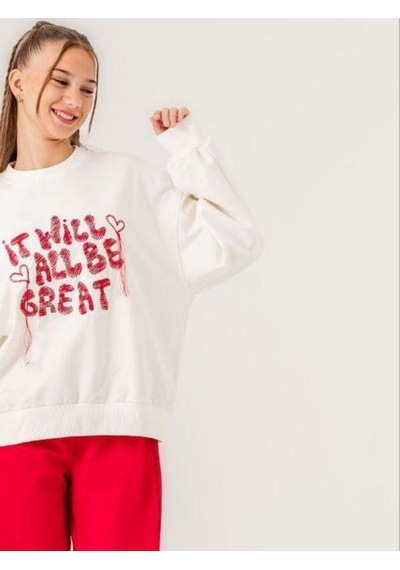 Kız Çocuk 2 İplik Nakışlı Sweatshirt-14212 Ekru