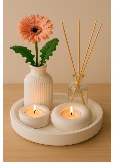 Dekoratif 5li Set Mum Çizgili Vazo Tealight Mumluk Ve Oda Kokusu Seti