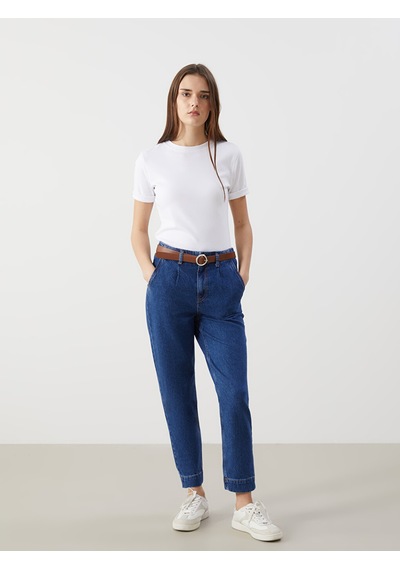 Lcw Jeans İndigo Beli Kemerli Mom Fit Kadın Jean Pantolon