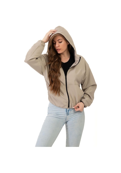 Spor Kadın Kapüşonlu Su Ve Rüzgar Geçirmez Oversize Yağmurluk - Rüzgarlık-132 Taş