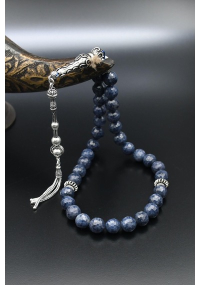 925 Ayar Gümüş Tesbih 33'lük Doğal Safir Taşlı 8 Mm Küre Kesim 901357 Gümüş