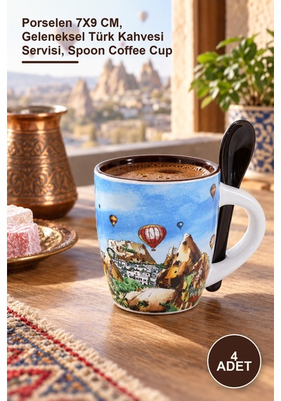 4 Adet Yöresel Kaşıklı Kahve Fincanı Porselen 7x9 Cm, Geleneksel Türk Kahvesi Servisi, Spoon Coffee Cup Diğer