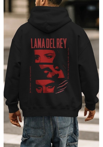 Sevbano Lana Del Rey Şarkıcı Sırt Baskılı Unisex Oversize Premium Hoodie Siyah