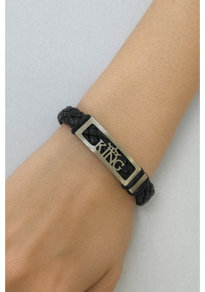 The King Yazılı Unisex Örme Deri Bileklik 21 Cm, Paslanmaz Çelik Detaylı Karizmatik Tasarım Antrasit