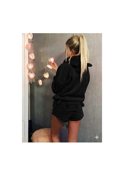 Butik İstanbul Kadın Uzun Kollu Kapşonlu Peluş Bluz Ve Kısa Short Ikili Takım Siyah