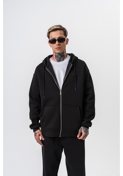 Erkek Respire Yazı Detaylı Kapüşonlu Basic Zip Oversize Hoodie Siyah