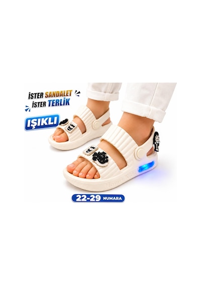 Papucumun Dünyası Çocuk 22-29 Numara Işıklı Eva Malzeme Hafif ,koku,terletme Yapmaz Sandalet Terlik Ekru