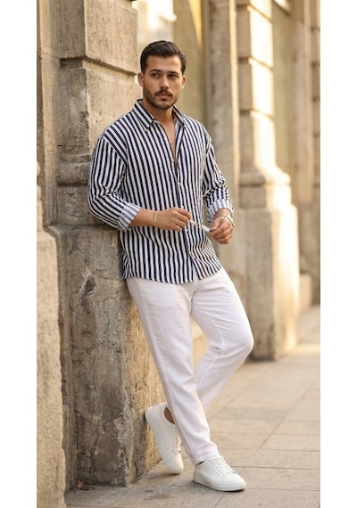 Etiler Collection Erkek Dikey Çizgili Yarım Oversize Gömlek Lacivert