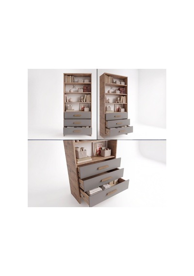 3 Çekmeceli Atlantik Çam - Antrasit Kitaplık Modern Ve Çok Amaçlı Açık Raflı Dolap 80x38x182 Cm Atlantik Çam - Antrasit - 935214325 Atlantik Çam - Antrasit