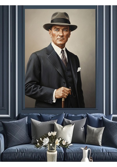 Ahşap Tablo Fötr Şapkalı Mustafa Kemal Atatürk Portresi