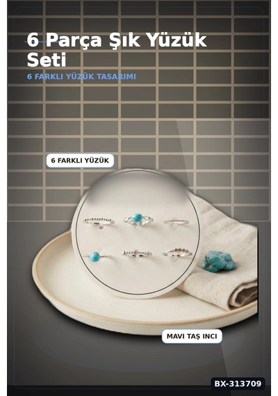 Mavi Taşlı Pirinç 6 Parça Yüzük Seti - 7-8 Numara Gümüş Renk Bijuteri Aksesuar Bx-313709 Çok Renkli