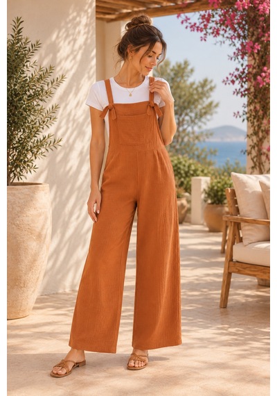 Palena Plnl6141 Doğal Müslin Kumaş Yumuşacık Salopet - Camel