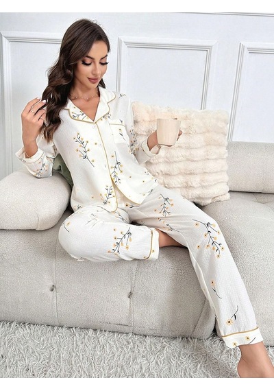 Bella Notte Çiçek Baskılı Cep Detaylı Düğmeli Günlük Uzun Pijama Takımı Sarı