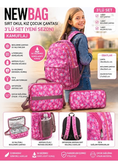 Newbag Kamuflaj Kız Sırt Okul Çantası-3'lü Set Yeni Sezon