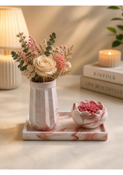 Şık Mermer Desenli Dekoratif Set Modern & Lüks Ev Aksesuarı Açık Pembe