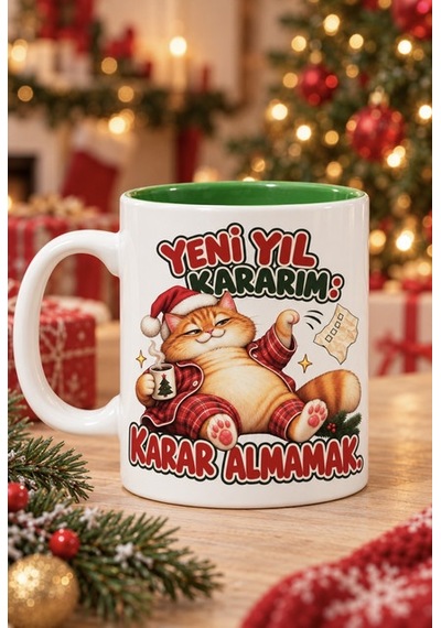 Mesela Yılbaşı Kupası Yeni Yıl Kararım Desenli Yeşil İçli Hediyelik Kahve Kupa Bardak Beyaz