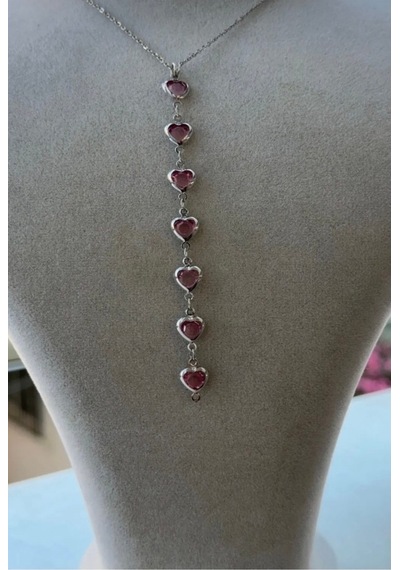 Kadın Gümüş Renk Kalpli Özel Tasarım Y Model Kolye 45 Cm Pembe