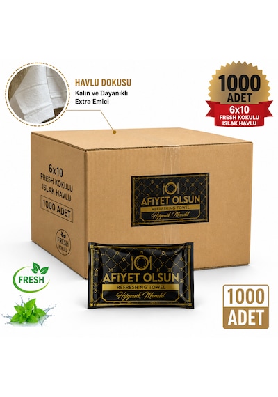 Tek Kullanımlık Islak Havlu Paket - Afiyet Olsun Baskılı Poşet / 1000 Adet / Koli