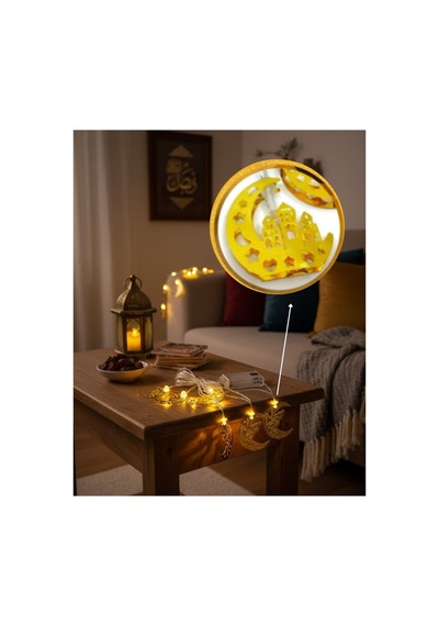 Minareli Hilal Led Işık Gold Metal Gövdeli Pilli Ramazan Dekoru Renkli Renkli
