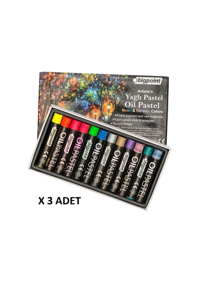 Bigpoint Artists's Yağlı Oil Pastel Boya 12'li Metalik Ve Fosforlu Renkler X 3 Adet Karışık